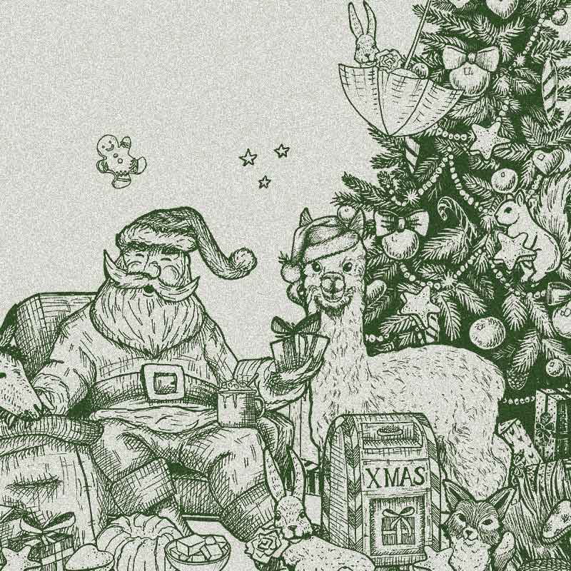 Illustration Weihnachtsmann mit Weihnachtsbaum und vielen Weihnachtsmotiven, umgeben von Alpaka, Esel, Fuchs, Hase und Eichhörnchen.